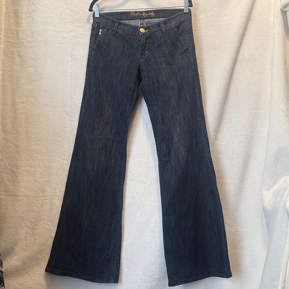 Vtg Plastic By GLY Dark Wash Low Rise Ultra Flare Jeans - Made in USA Y2K